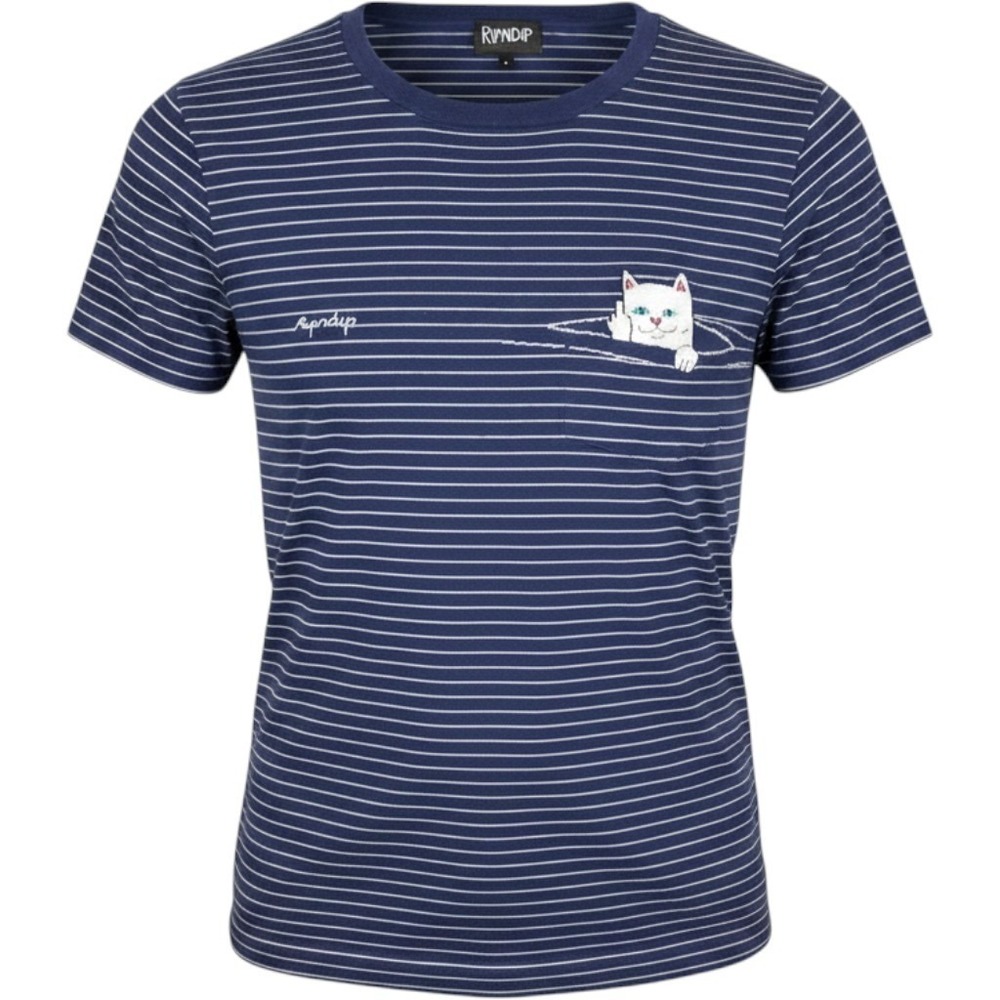 RIPNDIP Womens S Navy Striped Peeking Nermal Pocket T-Shirt Animation Cat Tee